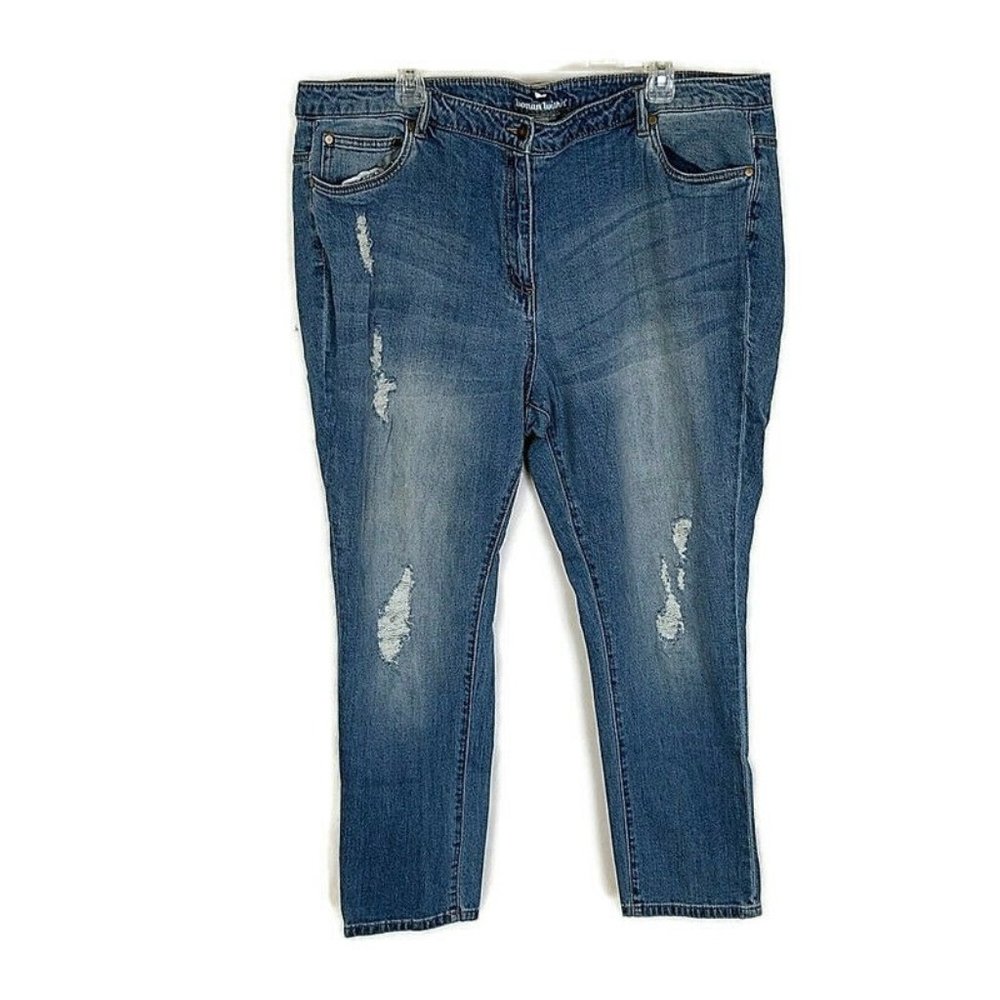 Woman Withinβ Womens Plus sz 24 Jeans Blue Denim Medium Wash Distressed Straight